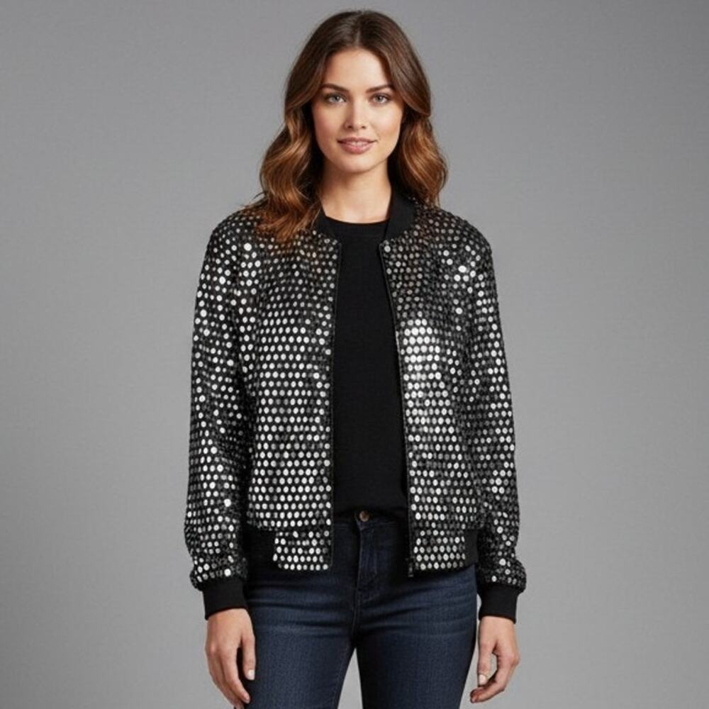 Monaliza High Fashion Jacket Womens Vintage Metallic Polyester Front Zip Black